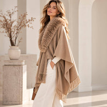 Dark Pink Faux Fur Collar Trim Fringe Shawl Poncho