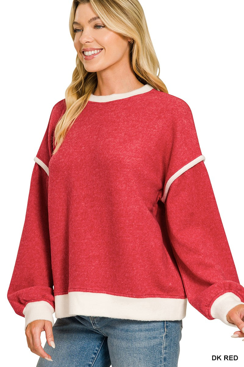 Dark Red Brushed Melange Hacci Contrast Trim Zenana Sweater 10/13/26 1510