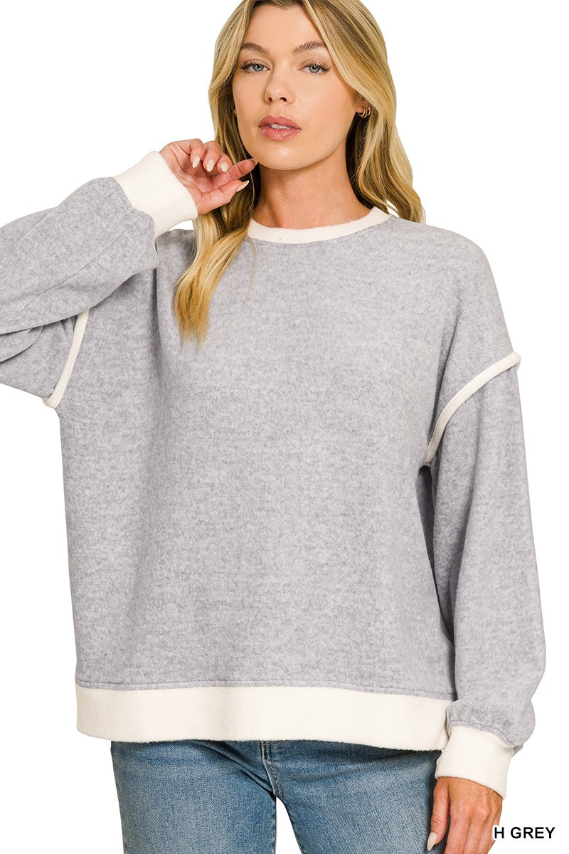 Heather Grey Brushed Melange Hacci Contrast Trim Zenana Sweater 10/13/26 1511