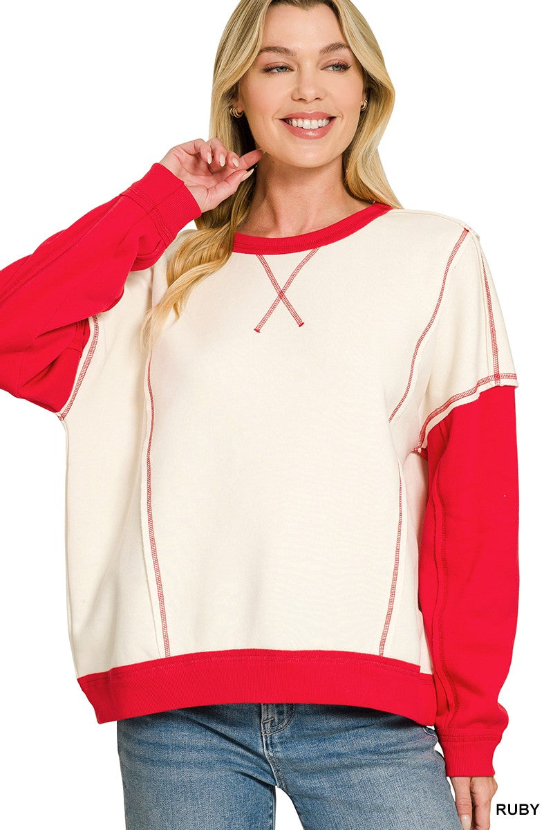 Ruby Fleece Color Block Exposed Seam Zenana Pullover 10/7/26 1495