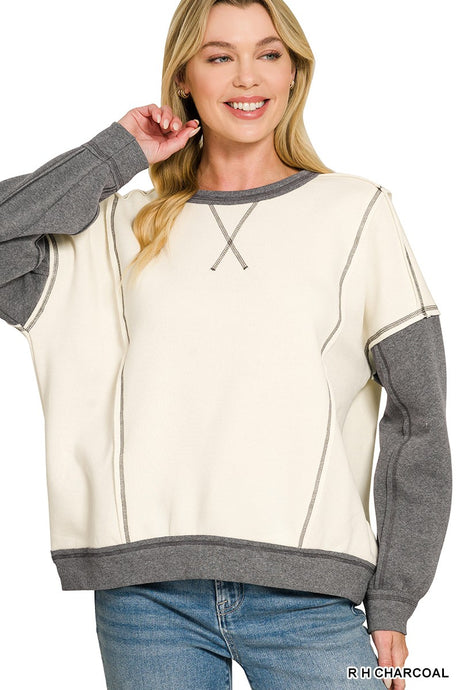 Heather Charcoal Fleece Color Block Exposed Seam Zenana Pullover 10/7/26 1494