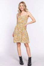 Lime Round Neck Waist Shirring Floral Printed Woven Dress