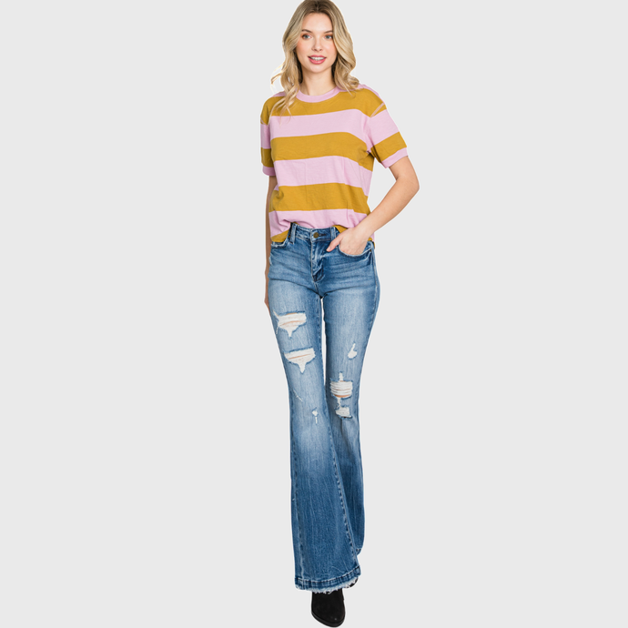 Distressed Mid Rise Stretch Flare Trouser Hem Pants