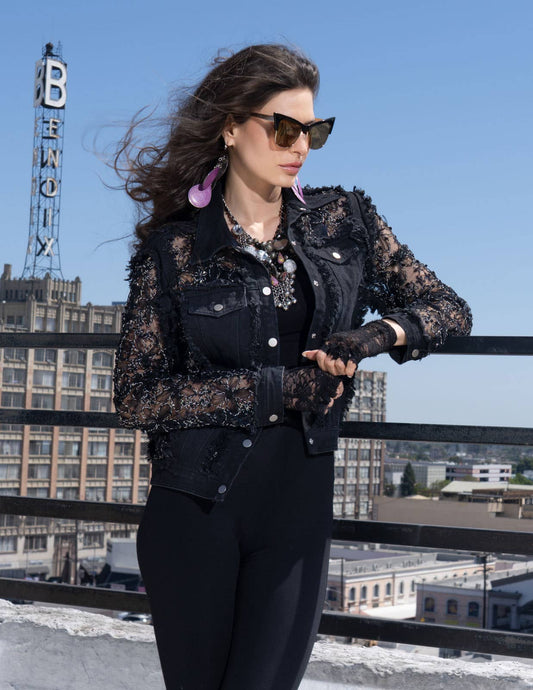 Black Denim Floral Embroidered Jacket