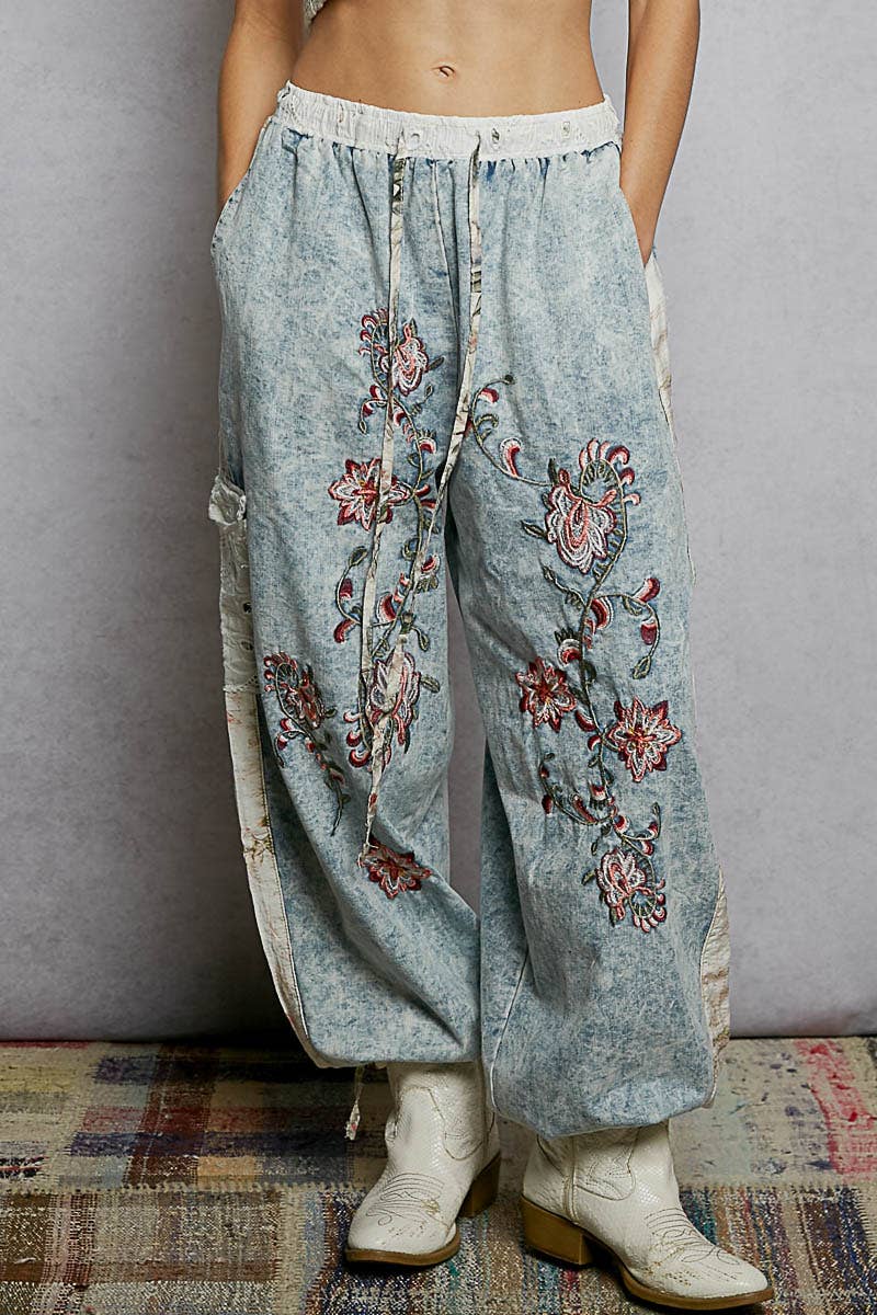 Denim Floral Embroidery Print Patch Denim Jogger POL Pants