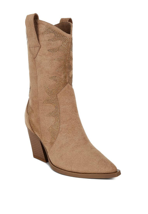 Camel Rambler Rhinestones Embellished Calf Boots