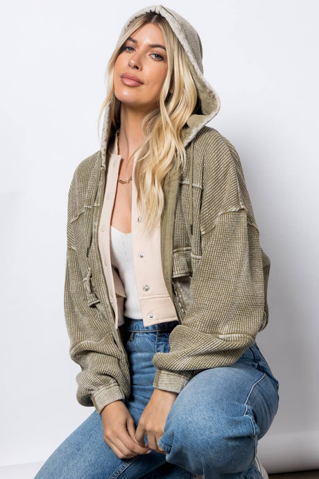 Sage Garment Dye Heavy Waffle Knit Hoodie Jacket