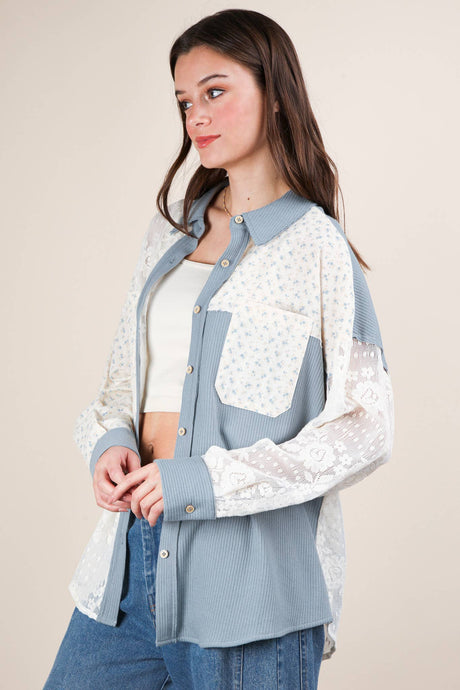 Blue Contrast Ribbed Knit & Lace Shacket Jacket
