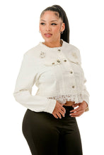 White Lace & Pearl Embellished Cropped Denim Jacket
