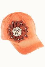 Rose Floral Bejeweled Bling Glitz Distressed Cap, Adjustable: