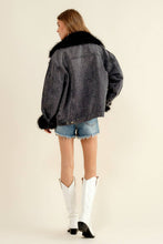 Washed Black Fur Collard Cuff Over sized Denim Jacket
