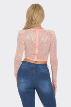 Pink Rhinestone Sheer Mesh Long Sleeve Crop Top
