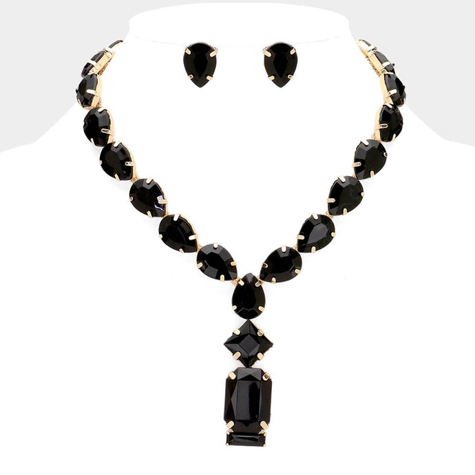 Jet Black Gold Emerald Cut Stone Cluster Pendant Pointed Teardrop Stone Necklace