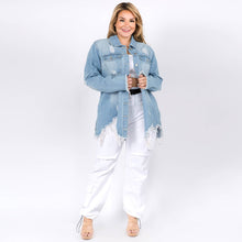 LIght Blue Plus Size Distressed Denim Shirt Style Jacket