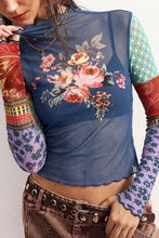 Navy Sheer Mesh Floral Patchwork Mock Neck Top