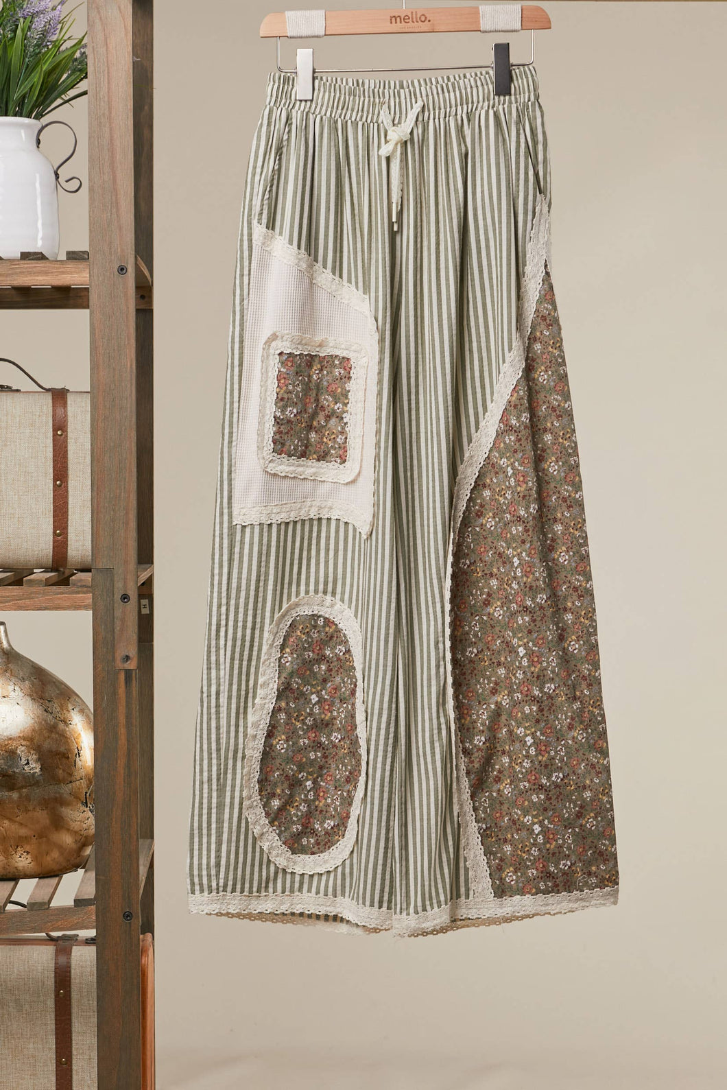 Prairie Stripe Patchwork Wide Pants: SAGE