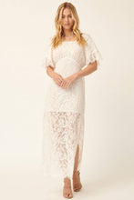 White Lace Square Neck Flounce Sleeve Fitted Maxi Dress