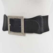 Black Silver Rhinestone Buckle Elastic Belt