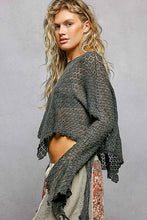 Black Round Neck Crochet Raw Edge Solid Knit Top
