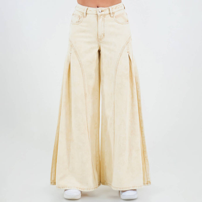 Tan Wash Super Wide Leg Mid Rise Pants