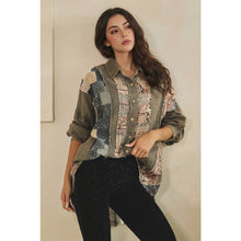 Charcoal Washed Button Up Patchwork Mix Long Sleeve Oli+Hali Shirt