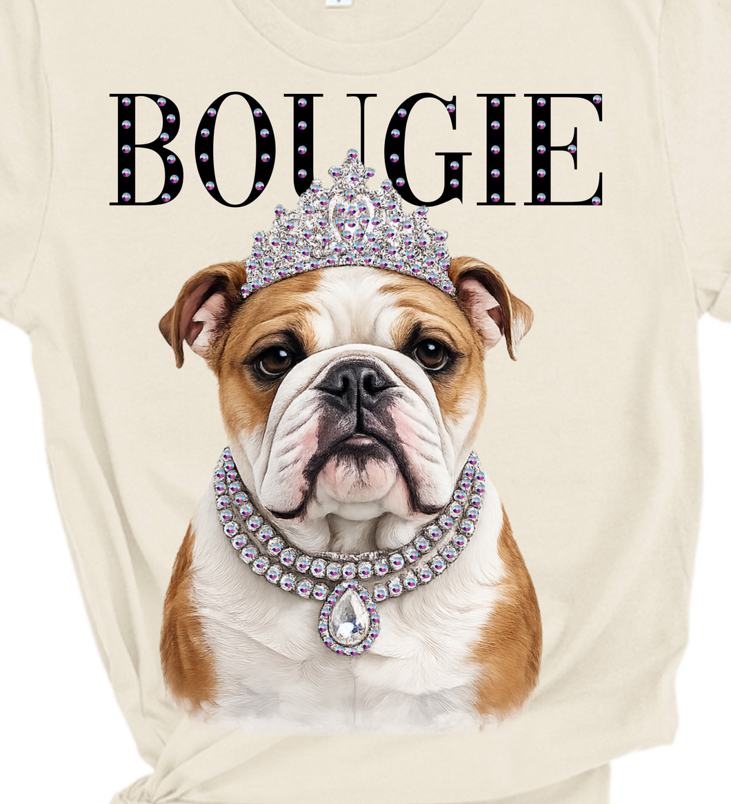 Natural Bruno the Bougie Bulldog Glam Dog Rhinestone Graphic Tee