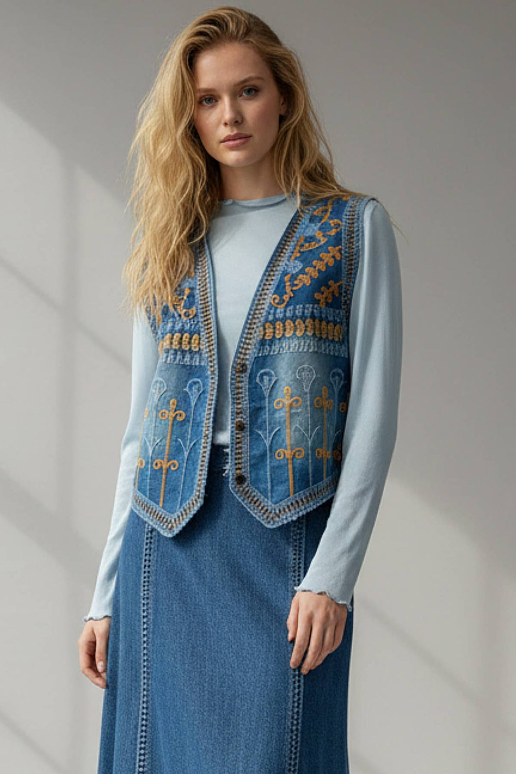Denim Gold Sonia Denim Floral Embroidered V Neck Vest