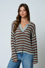 STRIPE RAW EDGE SPLIT NECK SHEER KNIT SWEATER : NAVY