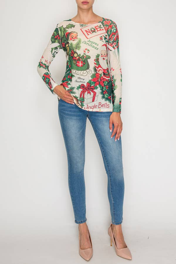 Christmas Sparkly Long Sleeve Sheer Mesh Top