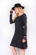 Black Long Sleeve Round Neck Lace Detail Waffle Dress