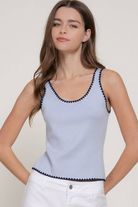 Blue Navy Sleeveless Straight Neck Line Embroidery Detail Sweater Top
