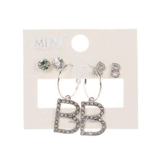 3 Pair Silver Alphabet Earring Set