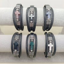 Stone Cross Charm 3 Layer Leather Men's Bracelet