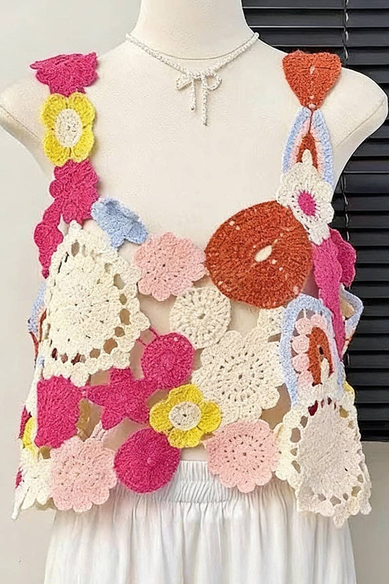 Red Floral Crochet Sleeveless Tank