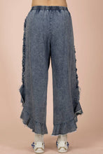 Indigo Ruffle Frayed Hem Washed Chambray Pants