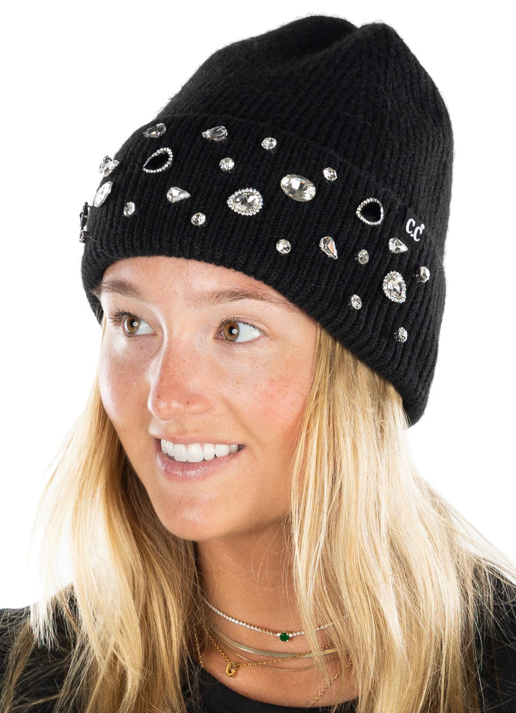 Black Sparkle Embellished Beanie - Rhinestone Crystal