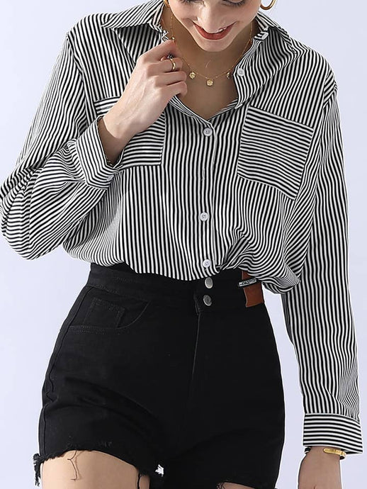 Black White Striped Button Down Long Sleeve Collared Shirts
