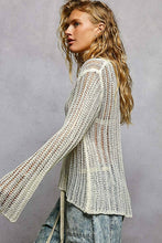 Off White Round Neck Open-Knit Long Sleeve Thin Sweater POL Top