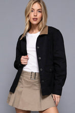 Olive Long Sleeve Corduroy Collar Detail Cotton Twill Work Jacket