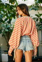 Orange Cream Textured Stripe Drawstring Ruched Sleeve Crop Top