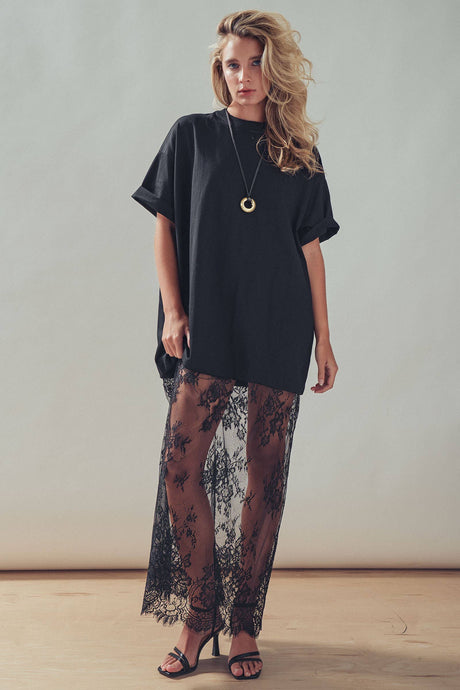 Black Mixed-Media T-Shirt Dress with Sheer Lace Skirt
