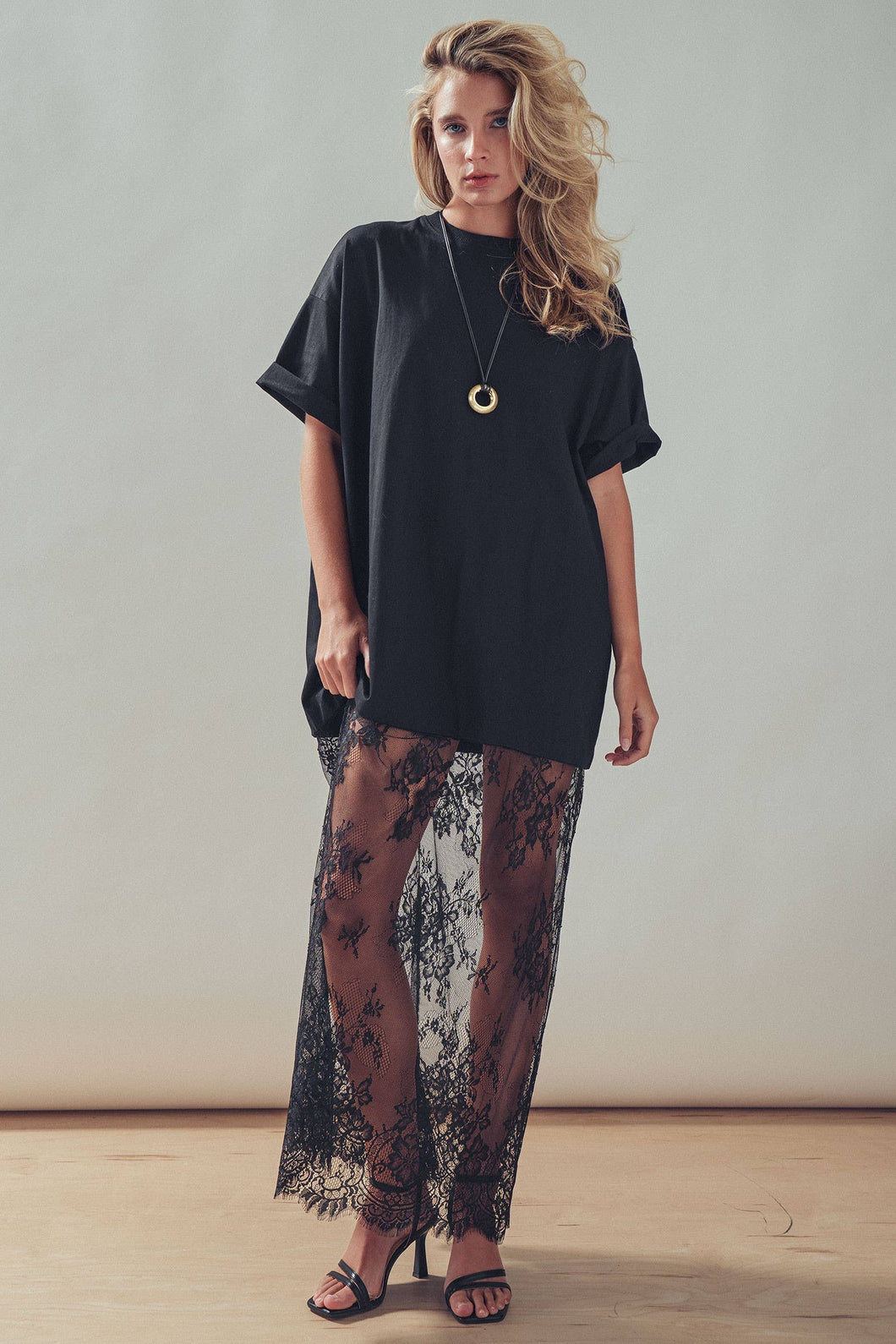 sheer black t shirt dress Oversized Black T-Shirt Dress with Sheer Mesh Maxi Skirt