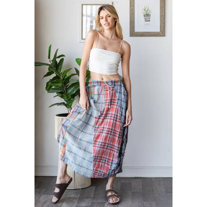 Blue Washed Plaid Mix Midi Bubble Oli+Hali Skirt