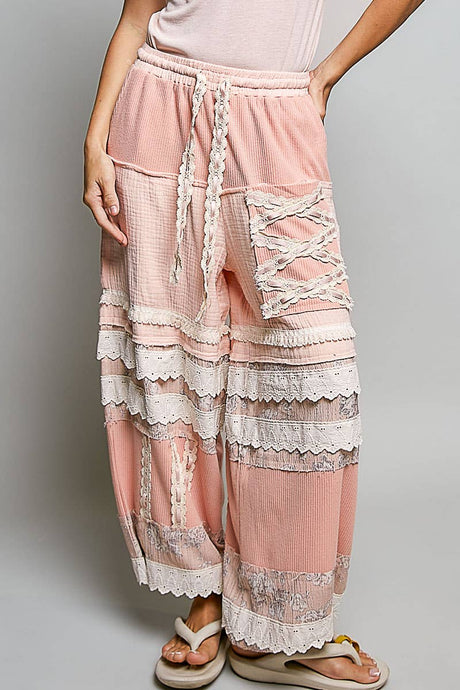 Pink Double Gauze Trim Floral Patch Waistband Jogger POL Pants