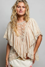 Almond Lace Trim V Ruffle Detail Textured Woven Short Sleeve POL Top