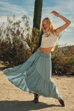 Light Chambray Tencel Denim High-Low Tiered Ruffle Maxi Skirt