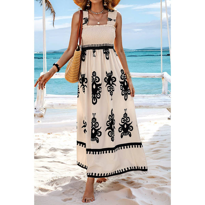 Beige Ruched Square Neck Sleeveless High Waist Dress