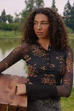 Black Floral-Print Mesh Raglan-Sleeve Split-Cuff Henley Top