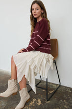 Red Wood Stripe Raw Crew Neck Long Sleeve Sweater