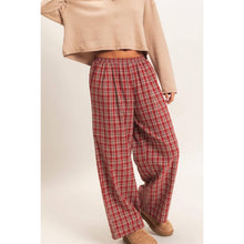 Dark Red Elastic Waist Plaid Pants